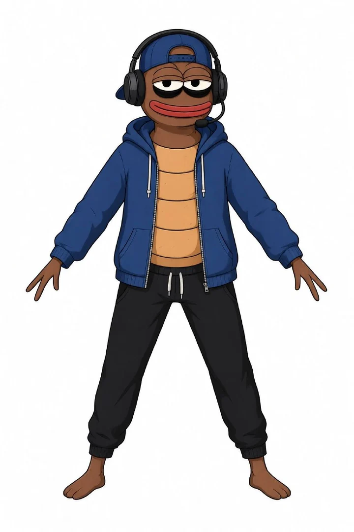 Character turnaround sheet: full-body hoodie streamer with backwards cap and headset, drawn on white