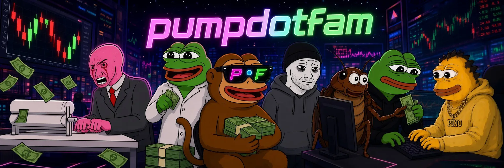 The pumpdotfam cast at their battle stations under the neon wordmark