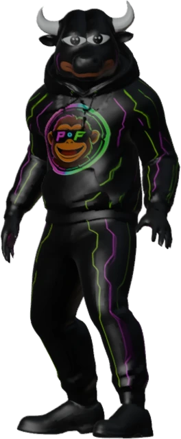 Hansembull — a black bull character in a neon circuit-lined hoodie with the PF monkey logo