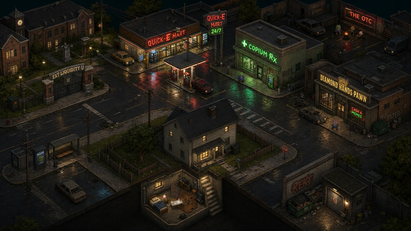 Concept art: isometric night neighborhood with Ext Liquidity U campus, a Quick-E Mart, a Copium Rx pharmacy, Diamond Hands Pawn, The OTC back lot, and a house with a lit basement