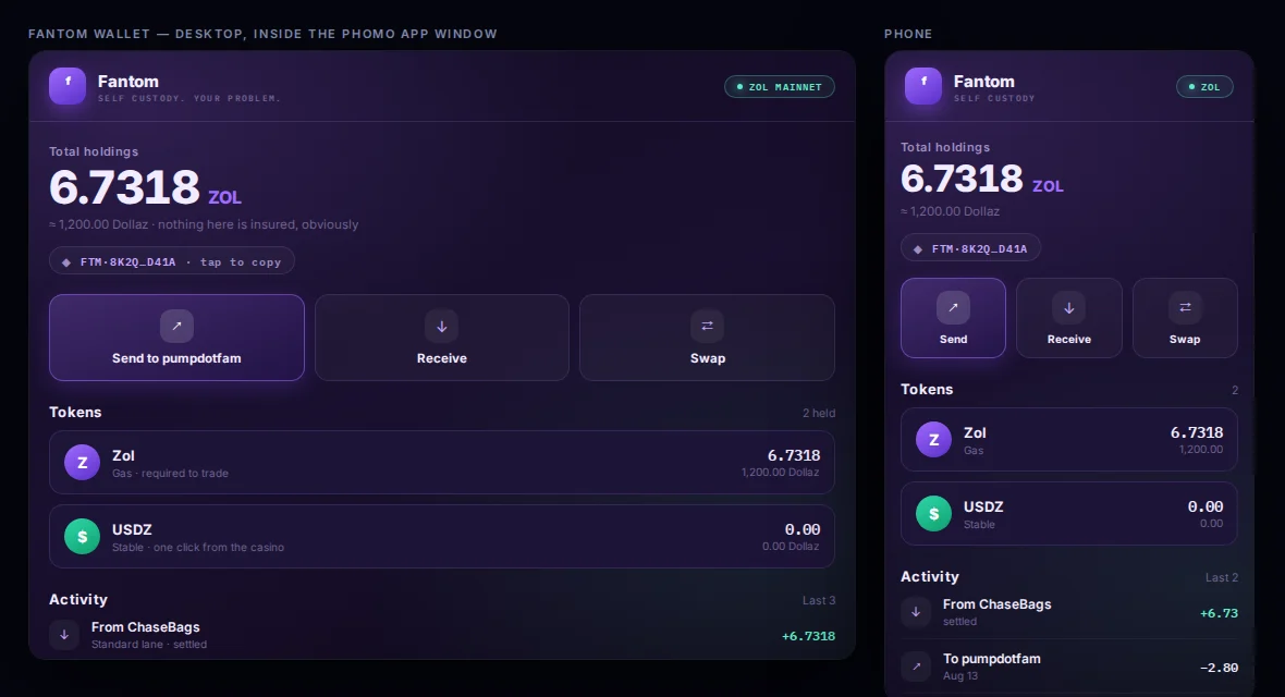 Concept art: Fantom Wallet app on desktop and phone — total holdings in ZOL, send/receive/swap buttons, token list. Tagline: self custody, your problem