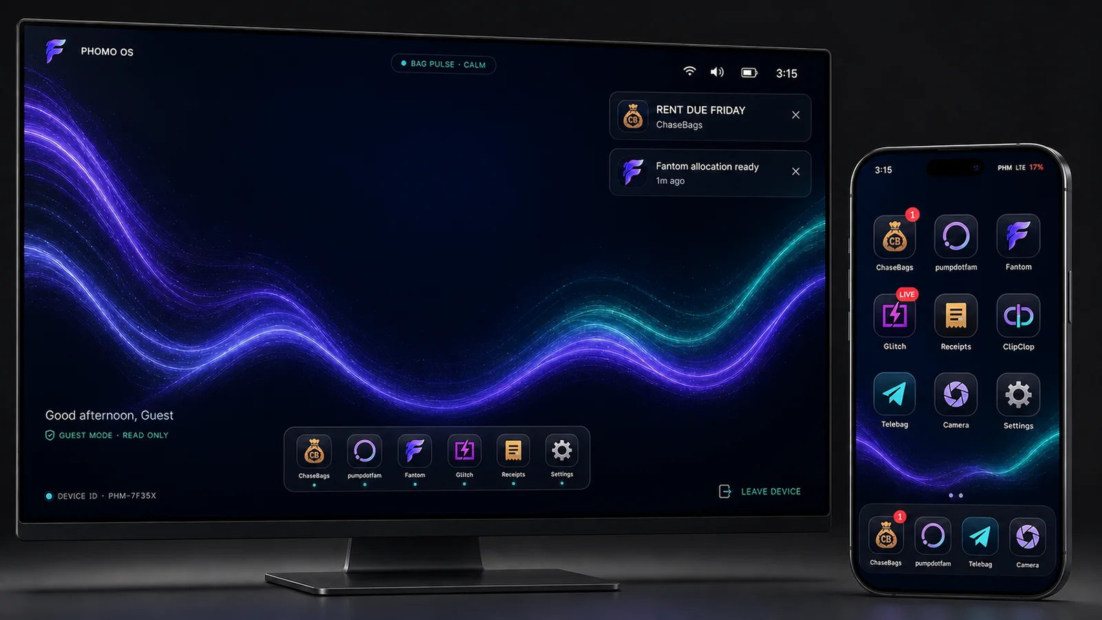 Concept art of Phomo OS on a desktop monitor and a phone: dark desktop with a dock of apps — ChaseBags, pumpdotfam, Fantom, Glitch, Receipts — and notifications like RENT DUE FRIDAY