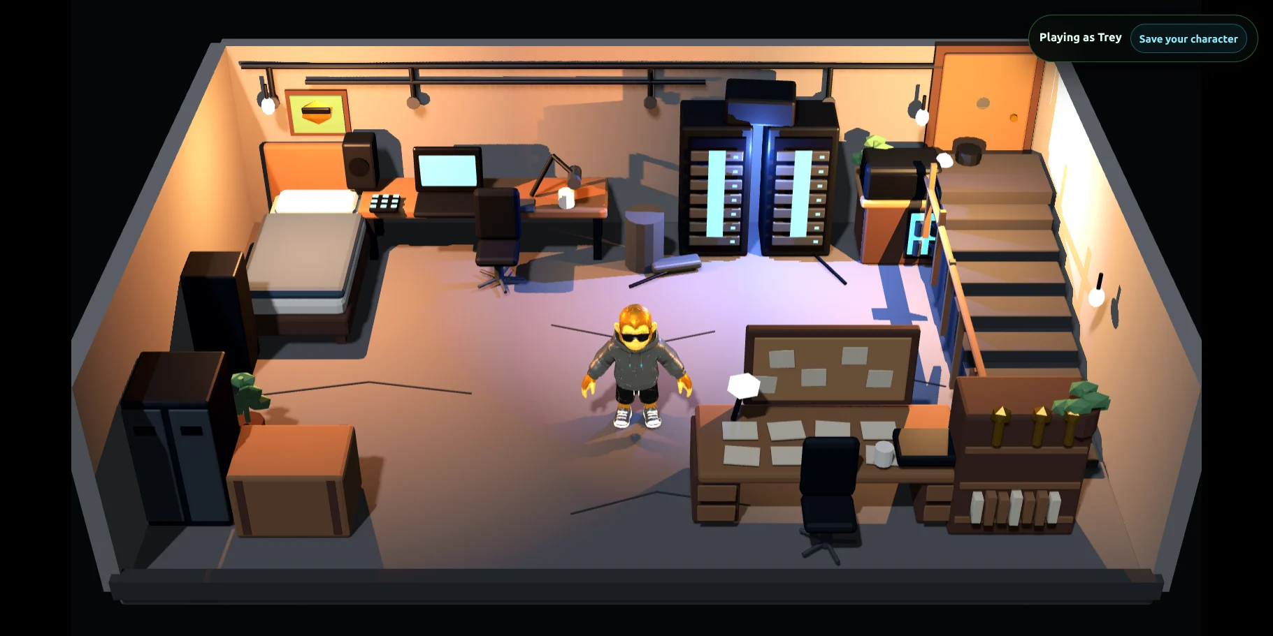The 3D basement in the live build, seen on desktop: the desk, the machines and the room you spawn into