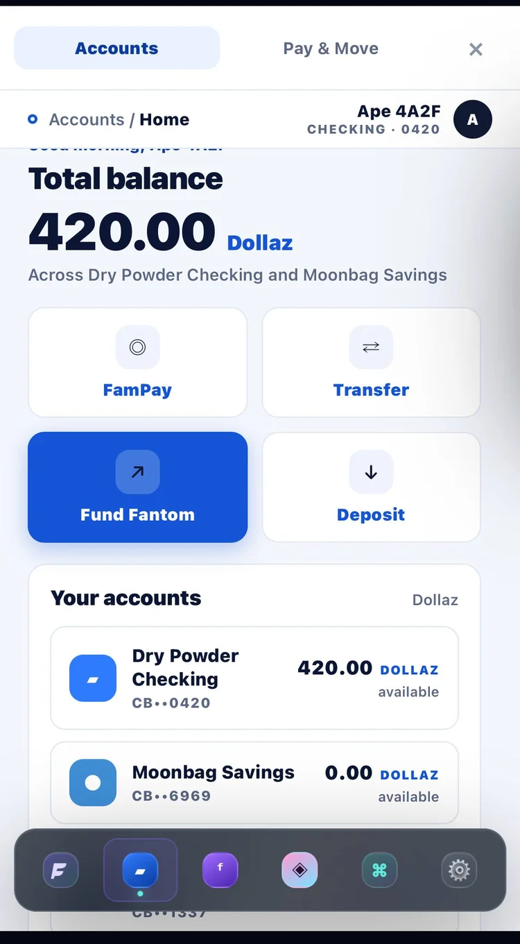 ChaseBags in the live build: a light-themed bank app with total balance in Dollaz, Dry Powder Checking and Moonbag Savings, and FamPay, Transfer, Fund Fantom and Deposit actions
