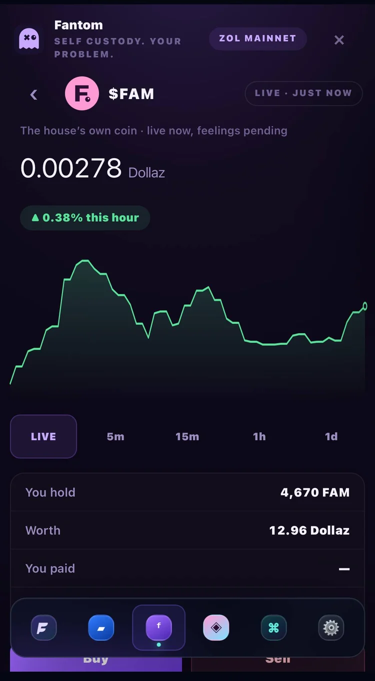 A live $FAM coin page with a green price chart and LIVE, 5m, 15m, 1h and 1d timeframes