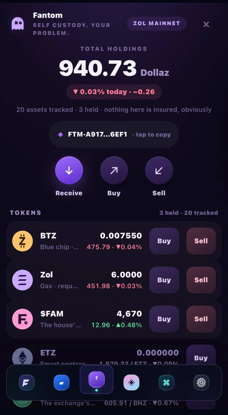 Fantom Wallet with token rows for BTZ, Zol, $FAM, ETZ and BNZ, each with working Buy and Sell buttons