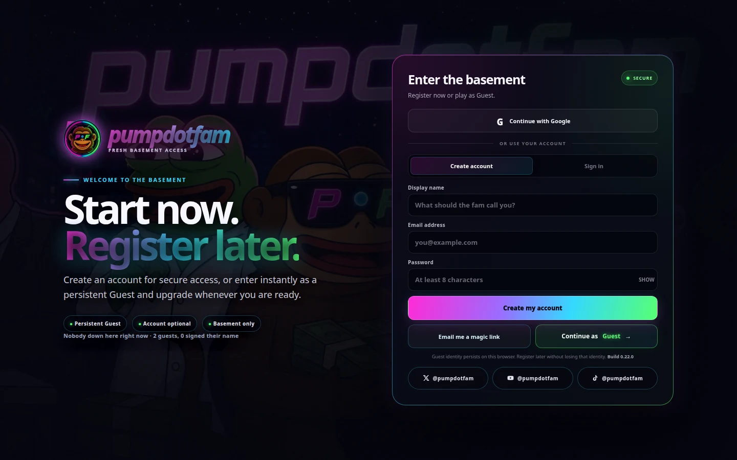 pumpdotfam login screen on desktop — Enter the basement panel with guest and account options