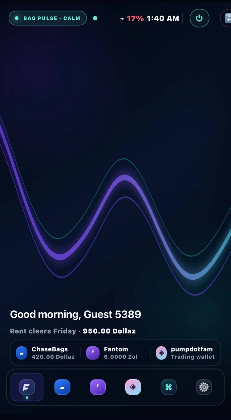 Phomo OS on a phone: Bag Pulse CALM, a greeting for Guest 5389, rent due Friday, wallet cards and a six-app dock
